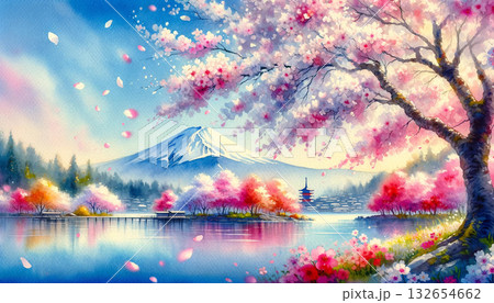 桜と富士山と湖。日本の春の風景 132654662