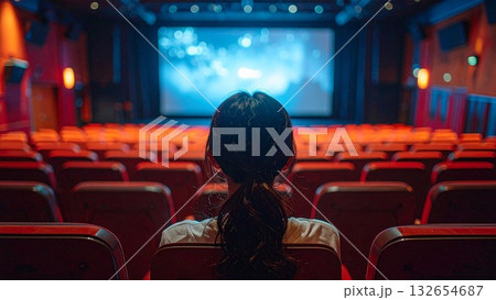 映画館でスクリーンを見つめる若い日本人女性 映画館でスクリーンを見つめる若い日本人女性 132654687