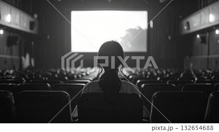 映画館でスクリーンを見つめる若い日本人女性 映画館でスクリーンを見つめる若い日本人女性 132654688