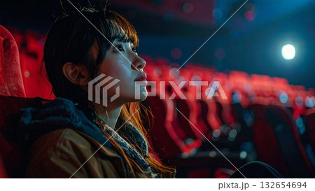 映画館でスクリーンを見つめる若い日本人女性 映画館でスクリーンを見つめる若い日本人女性 132654694