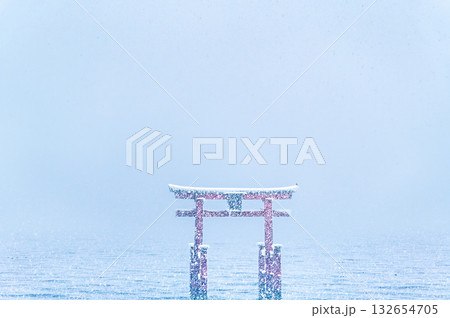 滋賀 白鬚神社　雪中の湖中大鳥居 132654705