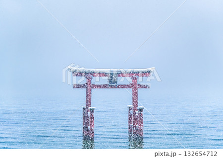 滋賀 白鬚神社　雪中の湖中大鳥居 132654712