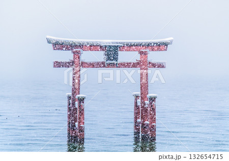 滋賀 白鬚神社　雪中の湖中大鳥居 132654715
