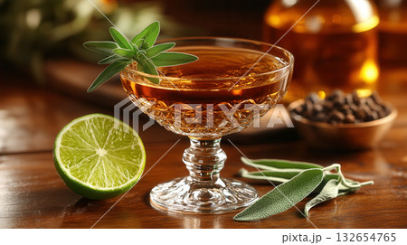 A refreshing orange cocktail served in a coupe glass garnished with lime and sage leaves, resting on a wooden bar surface with blurred background. 132654765