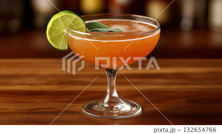 A refreshing orange cocktail served in a coupe glass garnished with lime and sage leaves, resting on a wooden bar surface with blurred background. A refreshing orange cocktail served in a coupe glass garnished with lime and sage leaves, resting on a wooden bar surface with blurred background. 132654766
