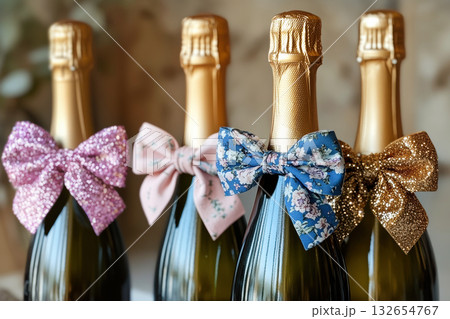 Bottles champagne decorated champagne bottles in pink and blue hues with ornate bows and floral patterns, displayed against blue textured background 132654767