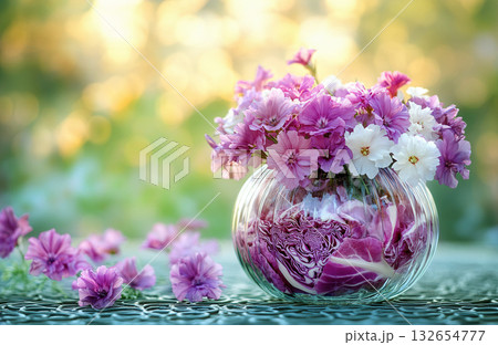 Glass vase with vibrant arrangement of pink and white cosmos flowers, filled with purple cabbage leaves at the bottom, placed outdoors with golden hour light in the background. Glass vase with vibrant arrangement of pink and white cosmos flowers, filled with purple cabbage leaves at the bottom, placed outdoors with golden hour light in the background. 132654777