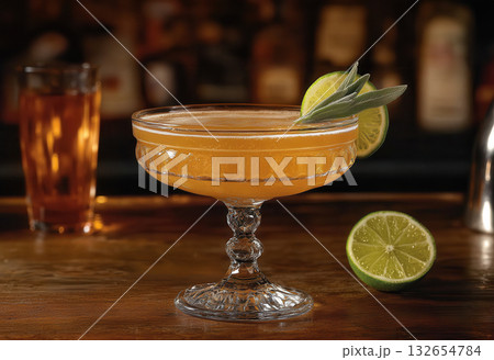 A refreshing orange cocktail served in a coupe glass garnished with lime and sage leaves, resting on a wooden bar surface with blurred background. 132654784