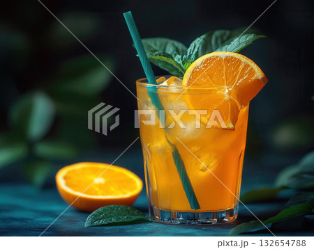 Orange cocktail glass with fruit slice on blue sky background. A vivid drink with ice and an orange slice, served in a clear glass 132654788