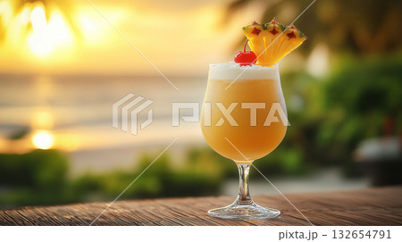 Orange cocktail glass with fruit slice on tropical beach , summery tropical drink served in curved glass pineapple slice cherry garnish, set on a light wooden surface. 132654791
