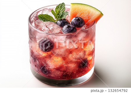 Blueberry cocktail garnished with slice of watermelon, sprig of mint, Two refreshing blueberry and cucumber cocktails with ice and mint garnish Blueberry cocktail garnished with slice of watermelon, sprig of mint, Two refreshing blueberry and cucumber cocktails with ice and mint garnish 132654792