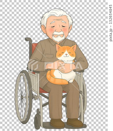 猫を抱く車いすに座る高齢男性(白背景・介護・癒し)高齢者, シニア, 男性, 車いす, 猫, 猫を抱く車いすに座る高齢男性(白背景・介護・癒し)高齢者, シニア, 男性, 車いす, 猫, 132654845