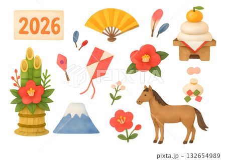 2026年午年お正月イラストセット 干支の馬と正月飾り 2026年午年お正月イラストセット 干支の馬と正月飾り 132654989