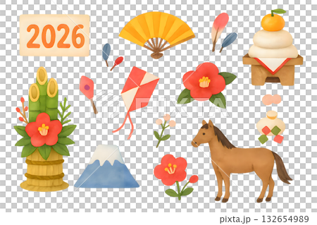 2026 Year of the Horse New Year Illustration Set: Horse and New Year Decorations 2026 Year of the Horse New Year Illustration Set: Horse and New Year Decorations 132654989