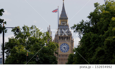 Elizabeth Tower, Houses of Parliament, with Union Jack flag waving in London 132654992