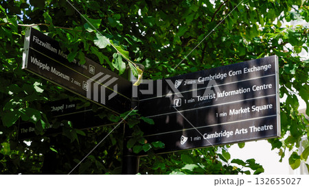 Tourist signs pointing to Cambridge museums and attractions, UK 132655027