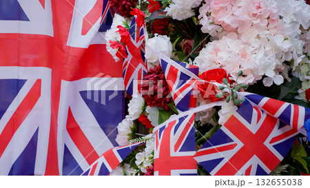 Union Jack flags and flowers in Cambridge, UK 132655038