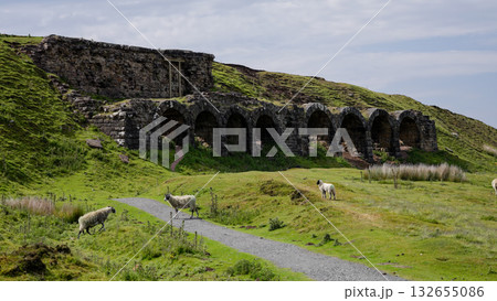 Rosedale Chimney Bank showing sheep grazing near iconic calcining kilns in North York Moors National Park, UK 132655086