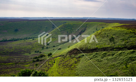 Rolling green hills and valleys forming the landscape of North York Moors National Park in UK 132655125