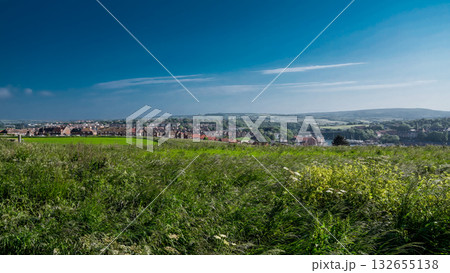 Whitby emerging from green meadow in North York Moors National Park Whitby emerging from green meadow in North York Moors National Park 132655138