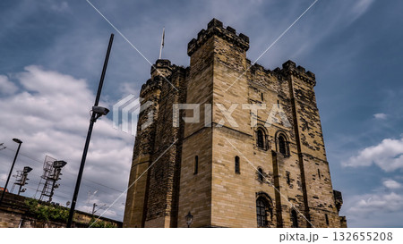Newcastle Castle keep rising towards a cloudy sky in Newcastle, UK 132655208