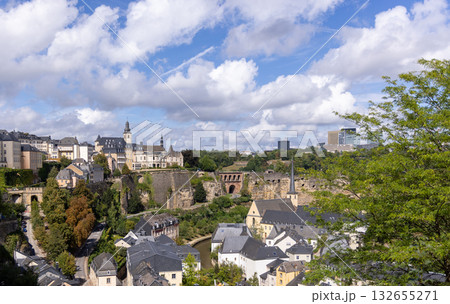 Luxembourg city panoramic view with historical buildings and fortifications under cloudy sky 132655271