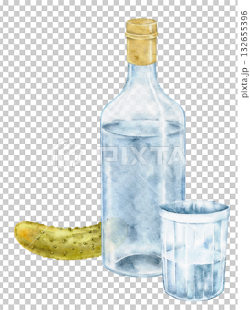 Watercolor set with vodka bottle, shot glass and pickled cucumber. Alcoholic drink illustration perfect for Slavic menu, snack packaging, bar invitation, cuisine postcard, event card, sticker Watercolor set with vodka bottle, shot glass and pickled cucumber. Alcoholic drink illustration perfect for Slavic menu, snack packaging, bar invitation, cuisine postcard, event card, sticker 132655396