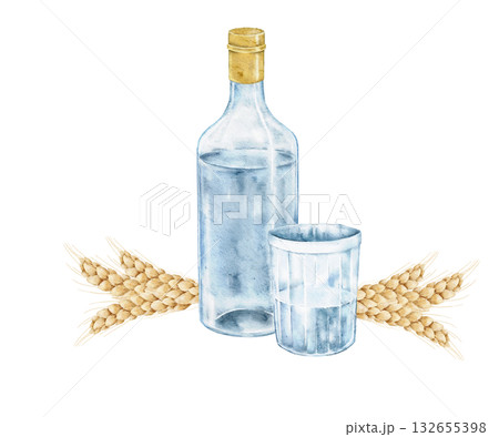Watercolor set with vodka bottle, shot glass and wheat ears. Alcoholic drink illustration, ideal for menu, bakery label, farm product, bar invitation, drink packaging, Slavic card, kitchen. 132655398
