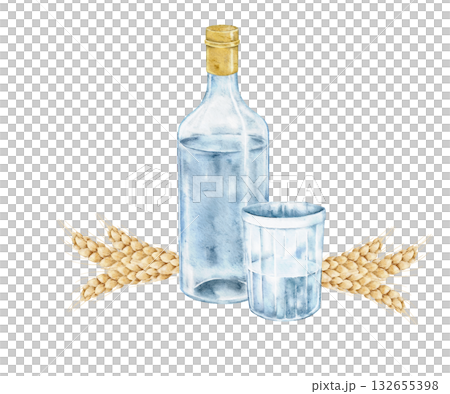 Watercolor set with vodka bottle, shot glass and wheat ears. Alcoholic drink illustration, ideal for menu, bakery label, farm product, bar invitation, drink packaging, Slavic card, kitchen. 132655398
