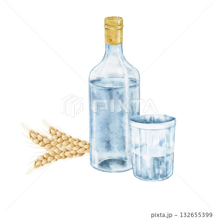 Watercolor composition with vodka bottle, shot glass and wheat sprig. Alcoholic drink illustration for Slavic menu, bar card, food packaging, party invitation, culinary postcard, festive table Watercolor composition with vodka bottle, shot glass and wheat sprig. Alcoholic drink illustration for Slavic menu, bar card, food packaging, party invitation, culinary postcard, festive table 132655399