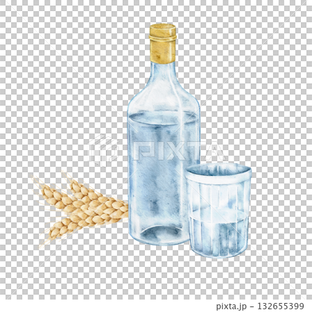 Watercolor composition with vodka bottle, shot glass and wheat sprig. Alcoholic drink illustration for Slavic menu, bar card, food packaging, party invitation, culinary postcard, festive table Watercolor composition with vodka bottle, shot glass and wheat sprig. Alcoholic drink illustration for Slavic menu, bar card, food packaging, party invitation, culinary postcard, festive table 132655399