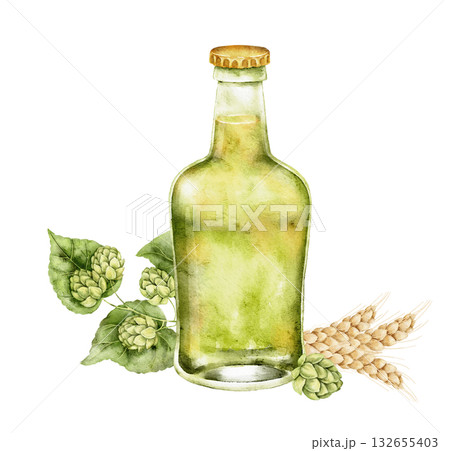 Watercolor set with green beer bottle, hop cones and wheat sprig. Alcoholic drink illustration for beer menu, craft pub card, festive packaging, brewery invitation, summer table, celebration event. 132655403