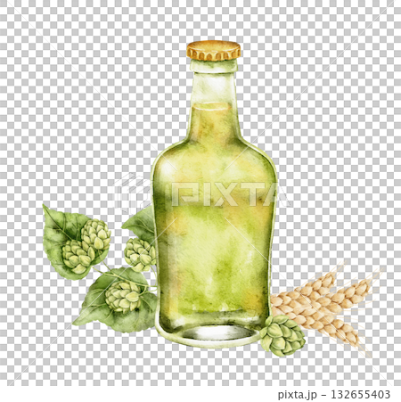 Watercolor set with green beer bottle, hop cones and wheat sprig. Alcoholic drink illustration for beer menu, craft pub card, festive packaging, brewery invitation, summer table, celebration event. 132655403