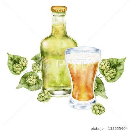 Watercolor light beer bottle, full beer glass, hop cones and wheat sprig. Alcoholic drink illustration for brewery menu, pub card, festive food packaging, party invitation, tasting, summer table. Watercolor light beer bottle, full beer glass, hop cones and wheat sprig. Alcoholic drink illustration for brewery menu, pub card, festive food packaging, party invitation, tasting, summer table. 132655404