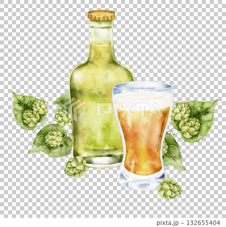 Watercolor light beer bottle, full beer glass, hop cones and wheat sprig. Alcoholic drink illustration for brewery menu, pub card, festive food packaging, party invitation, tasting, summer table. Watercolor light beer bottle, full beer glass, hop cones and wheat sprig. Alcoholic drink illustration for brewery menu, pub card, festive food packaging, party invitation, tasting, summer table. 132655404