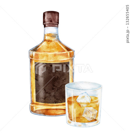Watercolor cognac bottle with glass of amber drink and ice cubes. Elegant hand painted illustration suitable for bar menu design, beverage label, restaurant branding, or classic poster art. Watercolor cognac bottle with glass of amber drink and ice cubes. Elegant hand painted illustration suitable for bar menu design, beverage label, restaurant branding, or classic poster art. 132655405