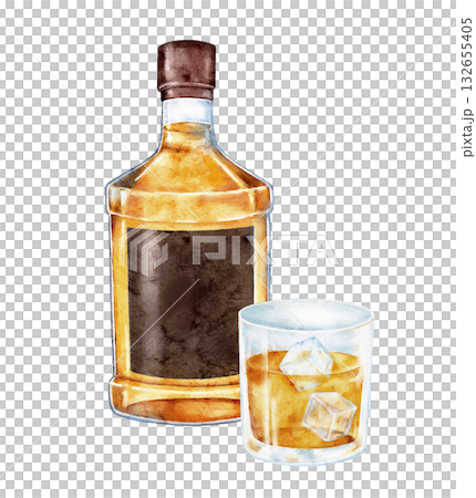Watercolor cognac bottle with glass of amber drink and ice cubes. Elegant hand painted illustration suitable for bar menu design, beverage label, restaurant branding, or classic poster art. Watercolor cognac bottle with glass of amber drink and ice cubes. Elegant hand painted illustration suitable for bar menu design, beverage label, restaurant branding, or classic poster art. 132655405