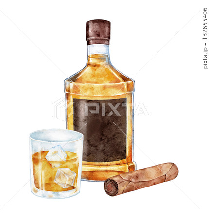 Watercolor cognac bottle with glass of drink and cigar beside it. Hand painted still life composition ideal for luxury branding, masculine product packaging, or vintage bar poster. 132655406