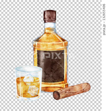 Watercolor cognac bottle with glass of drink and cigar beside it. Hand painted still life composition ideal for luxury branding, masculine product packaging, or vintage bar poster. Watercolor cognac bottle with glass of drink and cigar beside it. Hand painted still life composition ideal for luxury branding, masculine product packaging, or vintage bar poster. 132655406