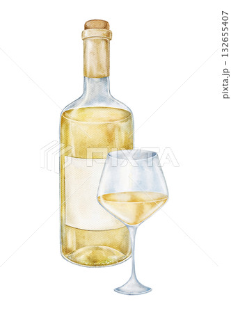 Watercolor illustration of white wine bottle and filled glass with gentle light reflections. Perfect for menu design, beverage label, elegant branding, or modern wine packaging concept. Watercolor illustration of white wine bottle and filled glass with gentle light reflections. Perfect for menu design, beverage label, elegant branding, or modern wine packaging concept. 132655407
