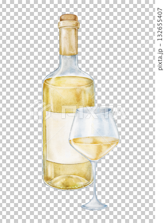 Watercolor illustration of white wine bottle and filled glass with gentle light reflections. Perfect for menu design, beverage label, elegant branding, or modern wine packaging concept. Watercolor illustration of white wine bottle and filled glass with gentle light reflections. Perfect for menu design, beverage label, elegant branding, or modern wine packaging concept. 132655407