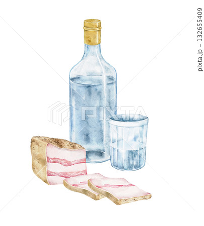 Watercolor vodka bottle with shot glass and sliced bacon painted in realistic style. Perfect for traditional food design, bar menu, Slavic cuisine theme, or cultural product branding. 132655409