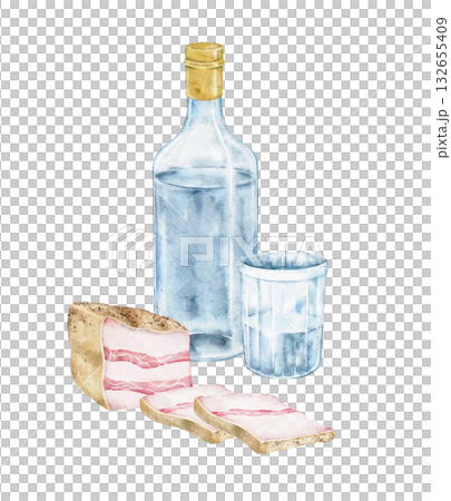 Watercolor vodka bottle with shot glass and sliced bacon painted in realistic style. Perfect for traditional food design, bar menu, Slavic cuisine theme, or cultural product branding. 132655409