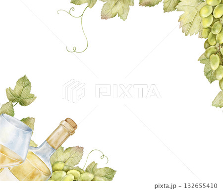 Watercolor frame with white wine bottle, glass, and green vine leaves. Elegant illustration suitable for vineyard menu design, wine branding, event invitation, or gourmet packaging. Watercolor frame with white wine bottle, glass, and green vine leaves. Elegant illustration suitable for vineyard menu design, wine branding, event invitation, or gourmet packaging. 132655410
