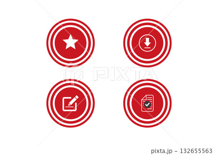 Red Circular Icons Representing Download, Star, Edit, and Verified File. 132655563