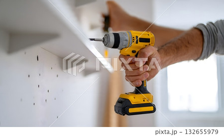 Close-up of a man's hands using a powerful yellow cordless drill to securely install white floating shelves during a modern home renovation project. AI Generated Close-up of a man's hands using a powerful yellow cordless drill to securely install white floating shelves during a modern home renovation project. AI Generated 132655979