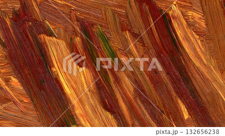 Macro view of an abstract background featuring thick, vigorous, directional brushstrokes of oil paint in warm tones like brown, orange, and deep red. A dramatic artistic texture. AI Generated 132656238