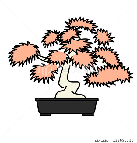 イラスト素材: 黒い鉢に植えられた紅葉の盆栽を描いたベクターイラスト 132656310