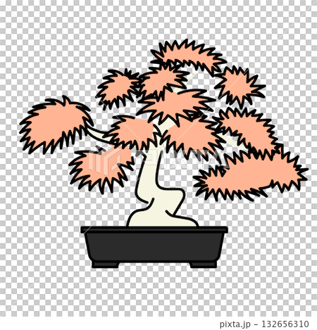 庫存插圖：向量圖，描繪了一盆栽種在黑色花盆中的盆景，盆中長有秋葉。 132656310