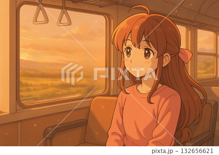 夕焼けの電車に揺られながら旅をする少女のアニメイラスト 132656621
